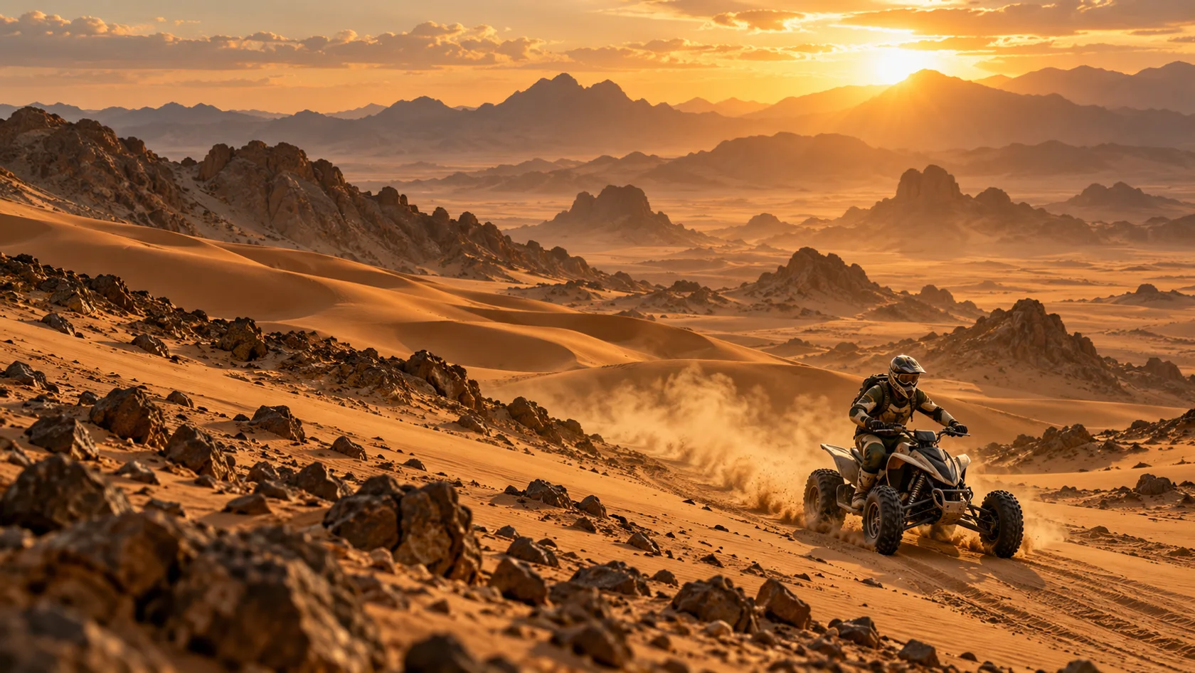 Scena illustrata di un pilota in quad tra le dune, ispirata all’atmosfera dei rally raid