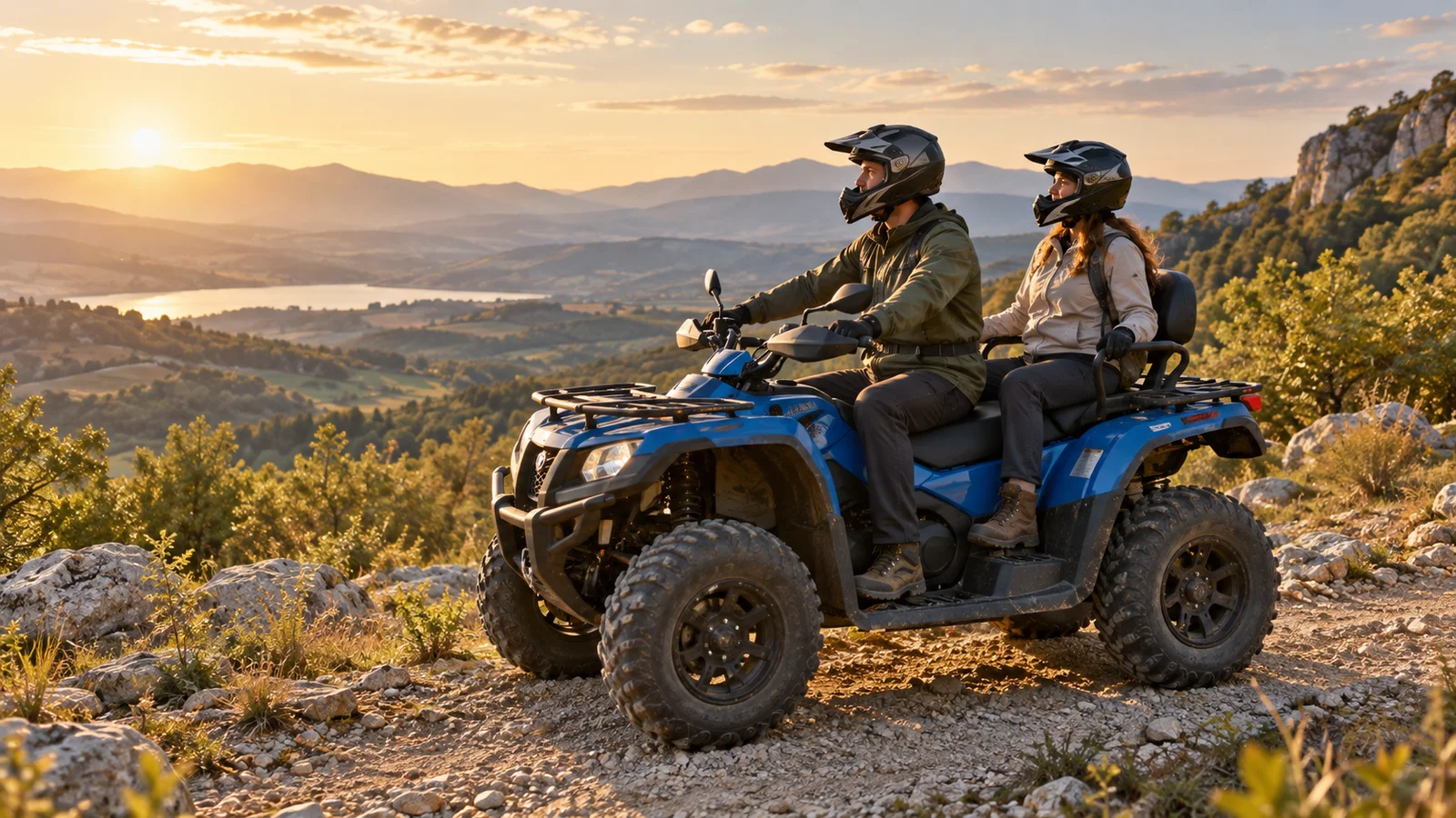 Due persone con casco su un quad blu davanti a un panorama al tramonto