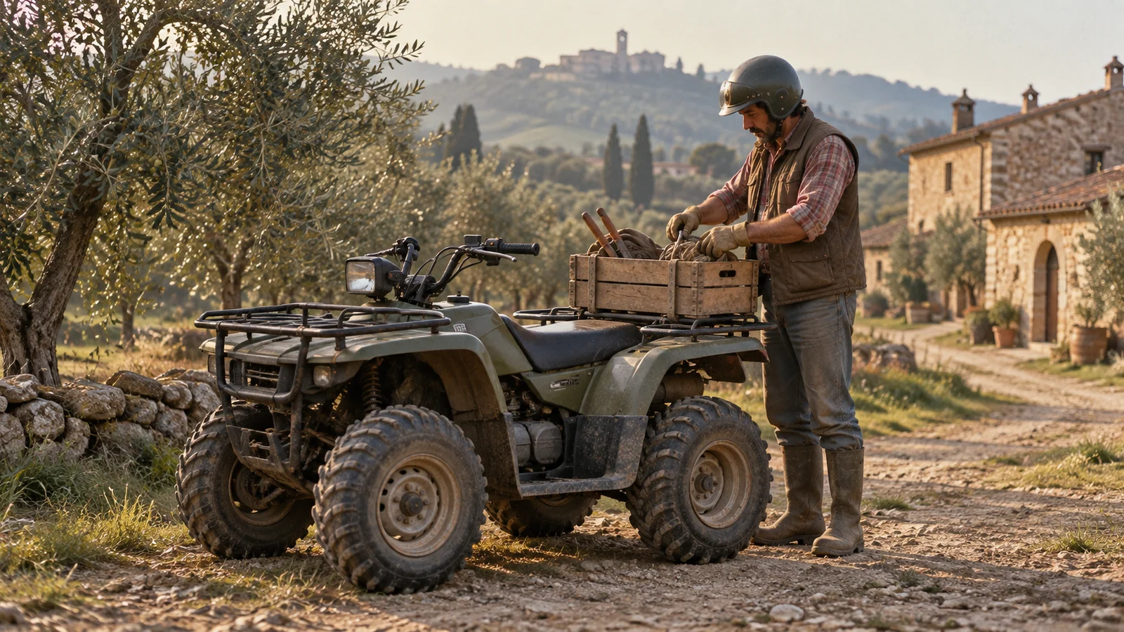 Quad da lavoro in campagna accanto a un agricoltore
