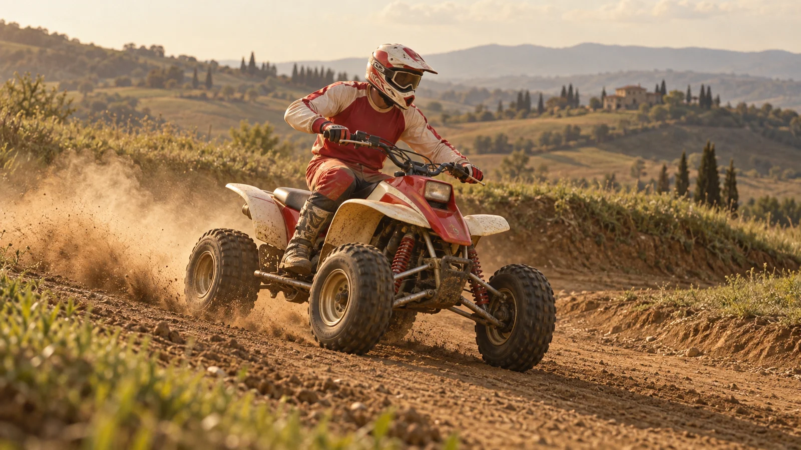 Pilota con casco su un quad sportivo lungo una pista sterrata