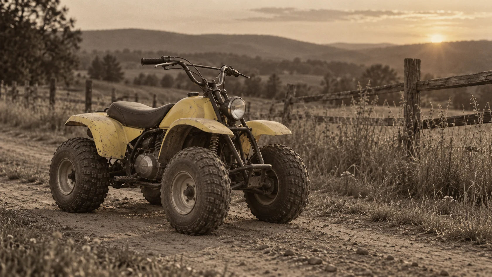 Ricostruzione di un piccolo quad degli anni Ottanta lungo una strada di campagna